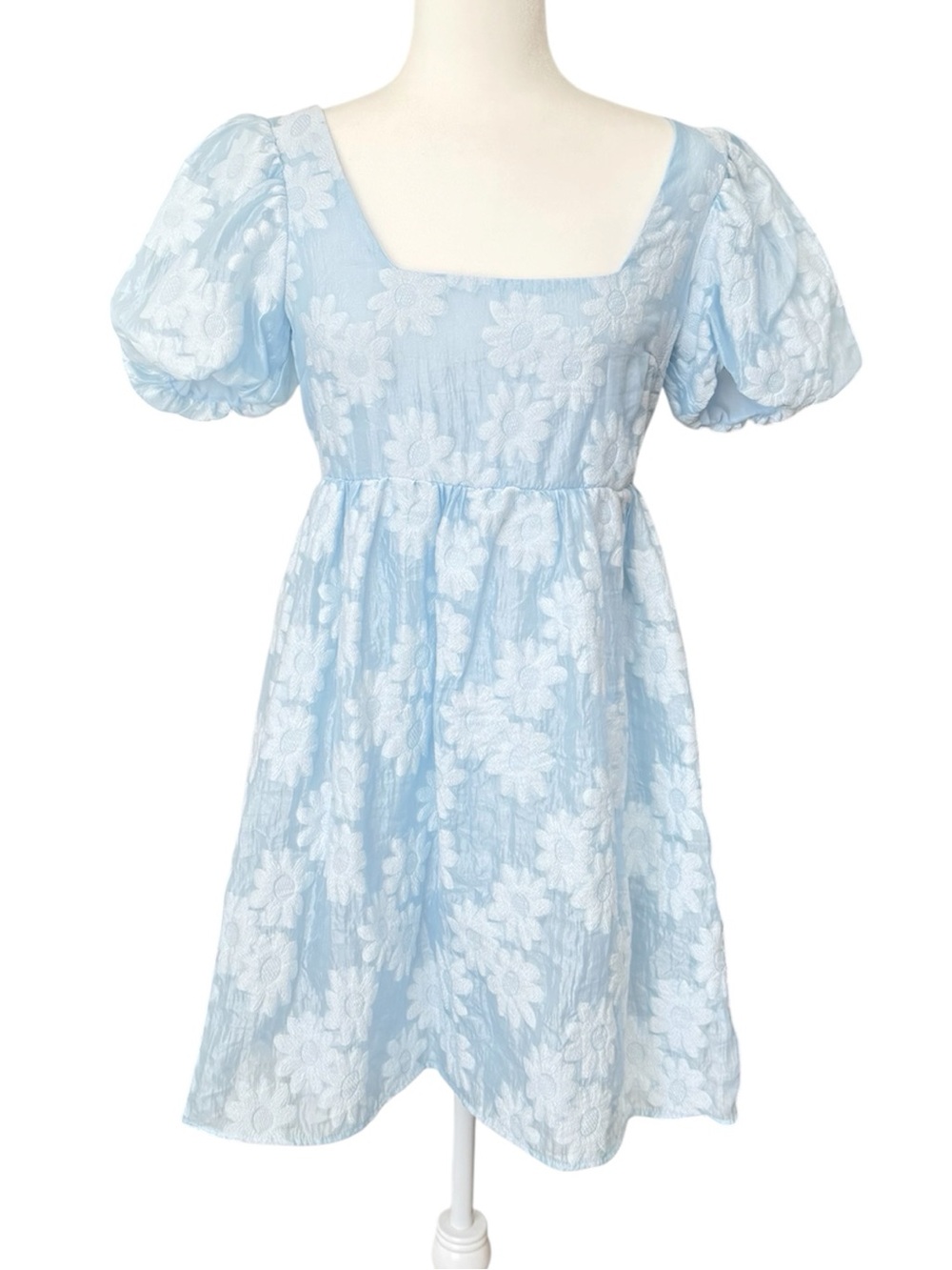 NWOT Topshop Daisy Organza Baby Doll Mini Dress Light Blue White Flowers Size L